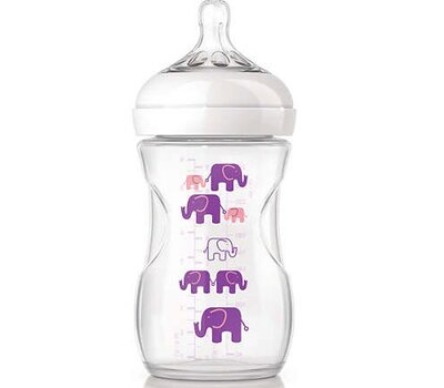 AVENT Πλαστικό Μπιμπερό Natural με Σχέδιο Ροζ Ελέφαντα,Θηλή αργής ροής 1+ μηνών 260ml SCF628/17